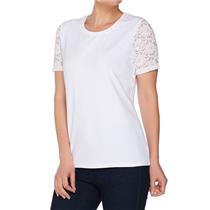 Denim & Co 2X White Perfect Jersey Scoop Neck Top w/ Lace Short Sleeves