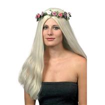 60's Titania Long Blonde Hippie Wig with Flower Halo Headdress