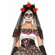 Adult Day of the Dead Black Veil Headband with Flowers