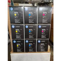 Lot of Nine New Sealed Genuine HP 507A Toner Cartridges 3-Y, 3-C, 2-M, 1-K -NEW-