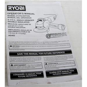 RYOBI 983000-997 OPERATOR'S MANUAL FOR AG402 4-1/2" DOUBLE INSULATED ANGLE GRIN