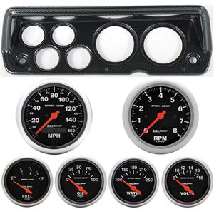 70-76 Mopar A Body Carbon Dash Carrier w/ Auto Meter Sport Comp Electric Gauges
