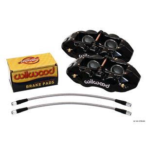 WILWOOD 140-10789-BK, BLACK BRAKE CALIPER, PAD, AND LINE KIT, 4 PISTON FRONT, 1965-1982 CHEVROLET CO