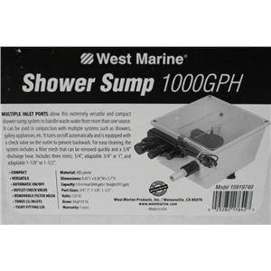 West Marine 1,000 GPH Multiple Port Shower Sump 15919749 57151WM 12V draw 4A DC
