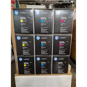 Lot of Nine New Sealed Genuine HP 507A Toner Cartridges 3-Y, 3-C, 2-M, 1-K -NEW-
