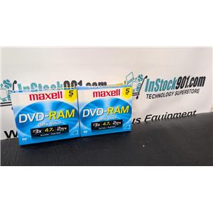 Maxell DVD-RAM Data-Video 3x Speed 4.7GB Rewritable Discs 5 Pack - Lot of 2