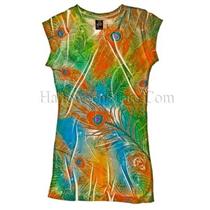 Orange Teal Green Peacock Feather Juniors Sublimation Tee Shirt Size Small