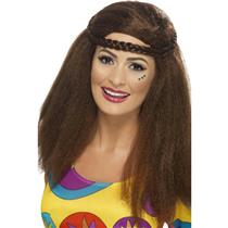 Smiffy's Women's Brown Hippy Chick Long Afro Wig with Plaited Headband