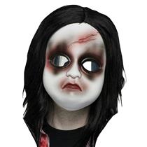 White Doll Freaky Face Mask with Long Black Hair