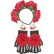 Day of The Dead Female Kit Costume Accessory Floral Headband Gloves Earrings
