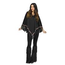 Black Suede-Look Fringe and Bead Detaling Poncho Adult Costume