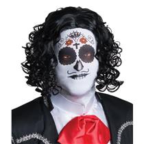 Adult Fabric Men's Day Of The Dead Male Mask with Attached Black Curly Wig