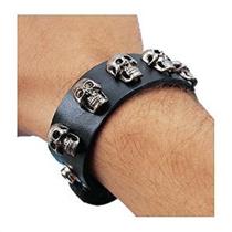 Black Leather-Look Bracelet With Studded Skulls Cuff