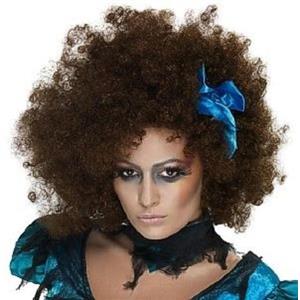 Once Upon a Nightmare Killerella Brown Afro Wig with Blue Ribbon Bow
