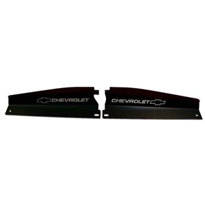 73-74 Nova Radiator Show Filler Panel Black Anodized Bowtie & Chevrolet